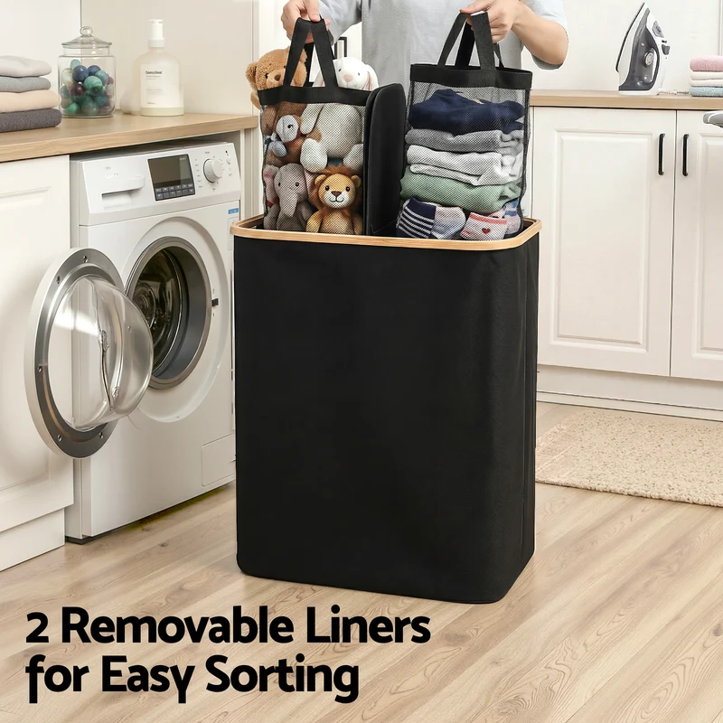 Artiss 2 Sections Laundry Basket with Removable Bags Foldable Black 150L