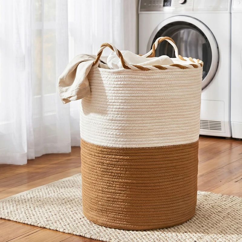 Artiss Woven Laundry Basket with Handles Foldable (White/Brown)