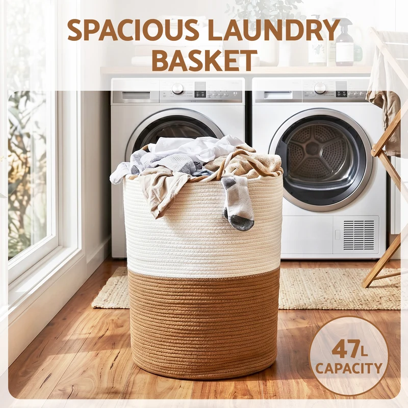 Artiss Woven Laundry Basket with Handles Foldable (White/Brown)