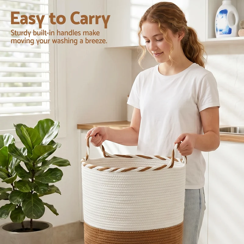 Artiss Woven Laundry Basket with Handles Foldable (White/Brown)