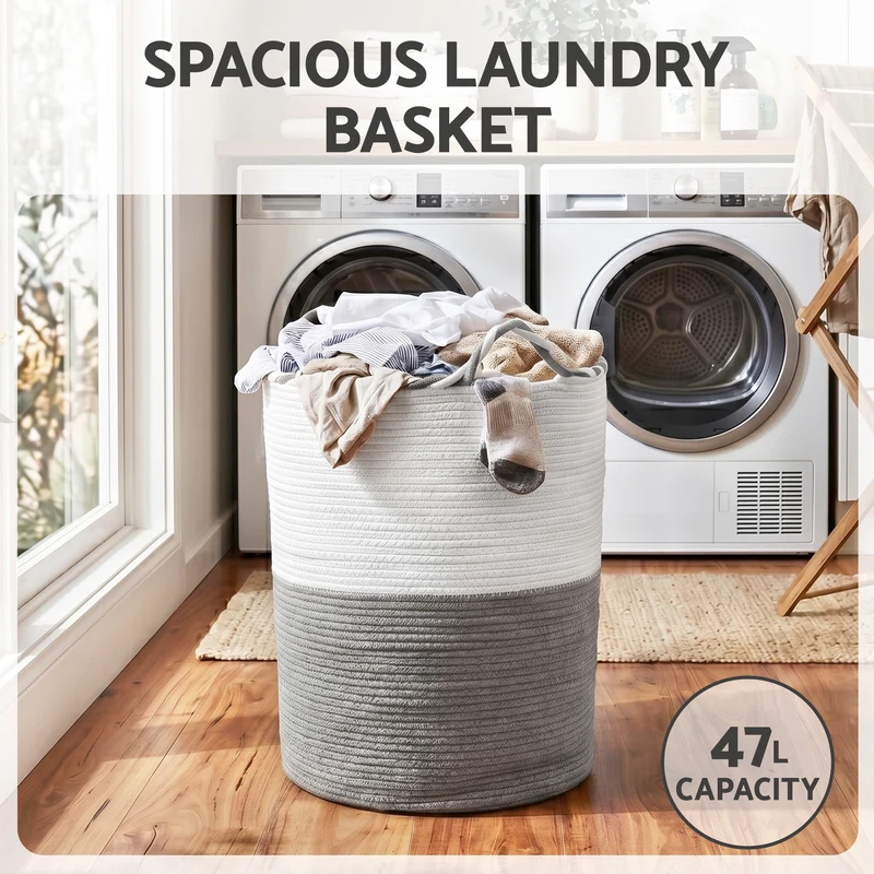 Artiss Woven Laundry Basket with Handles Foldable (White/Grey)