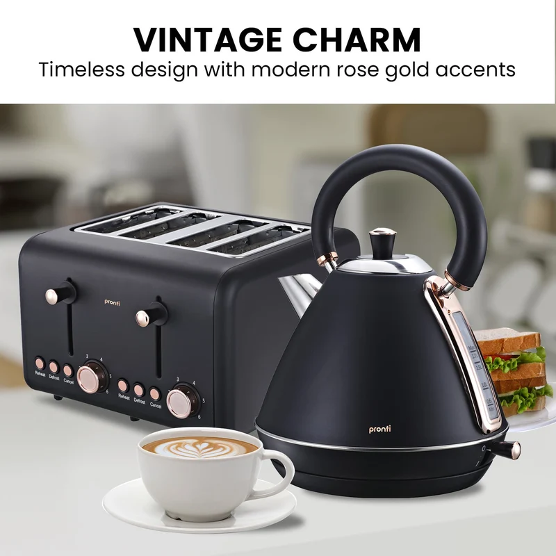 Pronti Toaster, 1.7L Kettle & Coffee Machine Stainless Steel Breakfast Set (Black)
