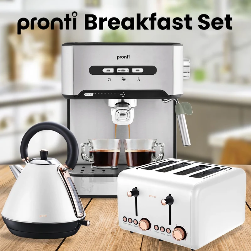 Pronti Toaster, Kettle & Coffee Machine Stainless Steel Breakfast Set (White)