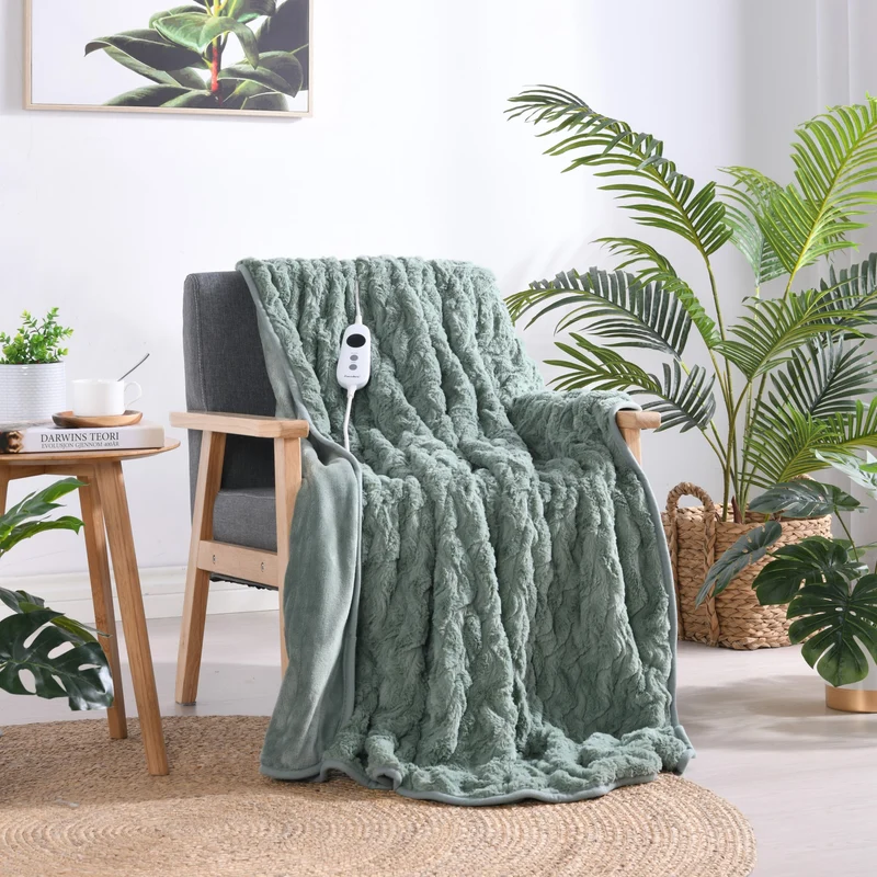 Dreamaker 500gsm Faux Fur Electric Heated Throw Blanket [130x160cm] (Leaf)
