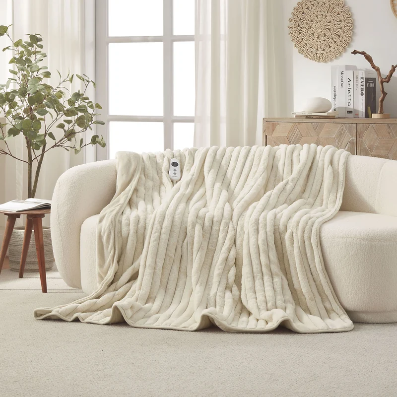 Dreamaker Chunky Embossed Fleece Electric Heated Throw Blanket [180x200cm] (Natural)