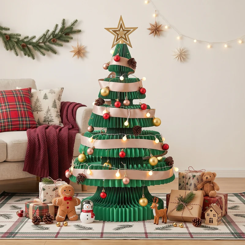 Jingle Jollys Paper Christmas Tree 87CM with Star Topper LEDs Xmas Decorations Kit Home Office Green