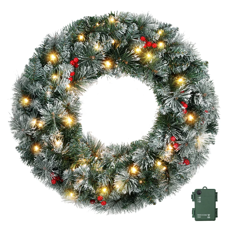 Jingle Jollys 60cm Christmas Wreath LED Lights Snowy Berries Garland Party Decor