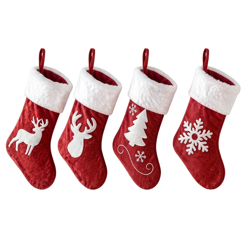 Jingle Jollys 4 Pack Large Velvet Christmas Stockings 46.5cm Red White Decor