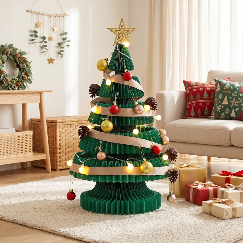 Jingle Jollys Paper Christmas Tree 62CM with Star Topper LEDs Xmas Decorations Kit Home Office Green