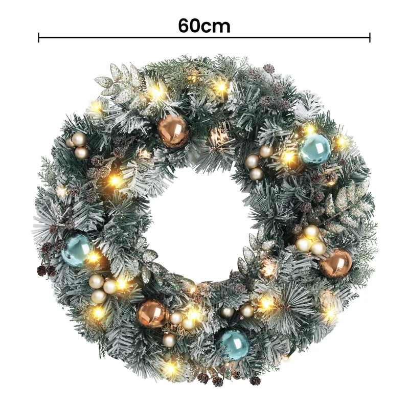 Jingle Jollys 60cm Christmas Wreath with LED Lights Snowy Garland Xmas Decor
