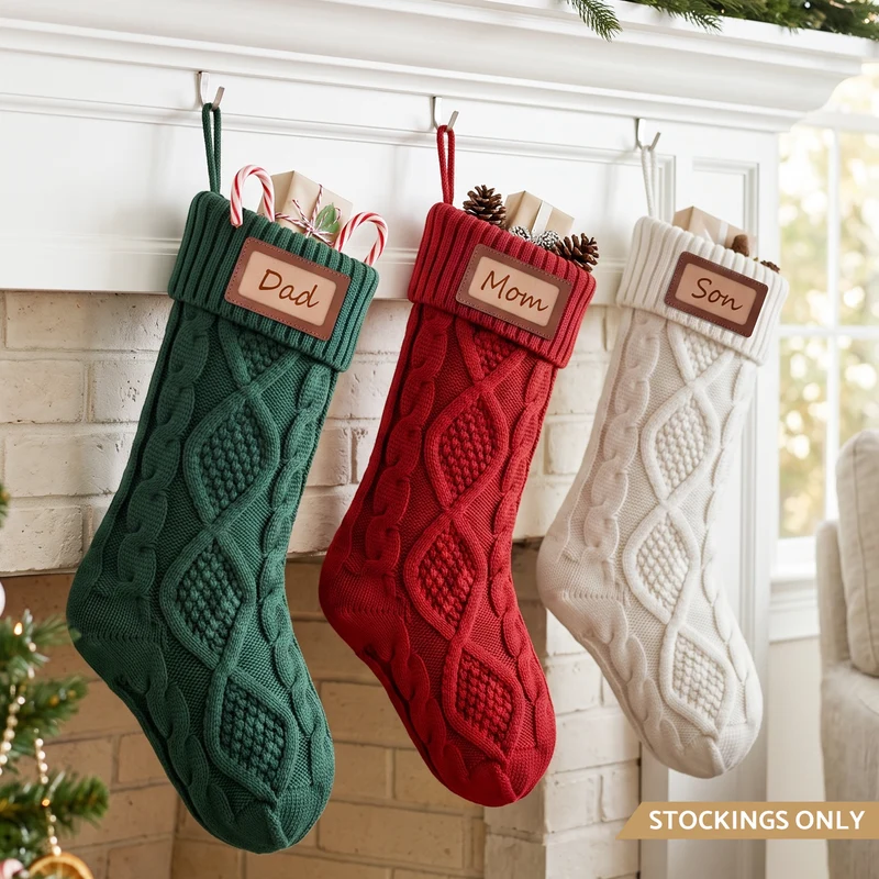 Jingle Jollys 3PCS Personalized Christmas Stockings with Leather Patches 16" Knitted Solid Colour Xmas Decor
