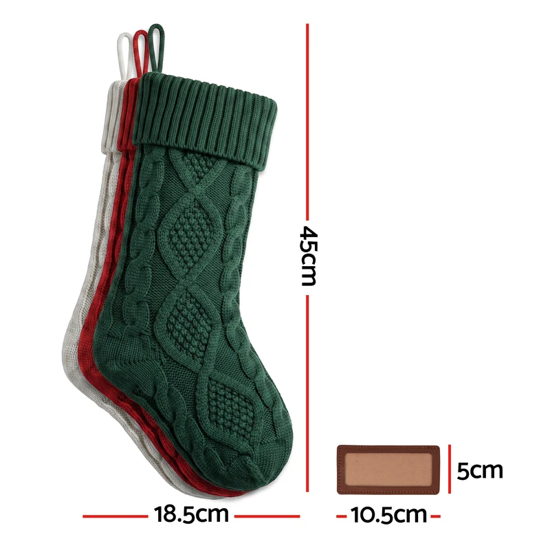 Jingle Jollys 3PCS Personalized Christmas Stockings with Leather Patches 16" Knitted Solid Colour Xmas Decor