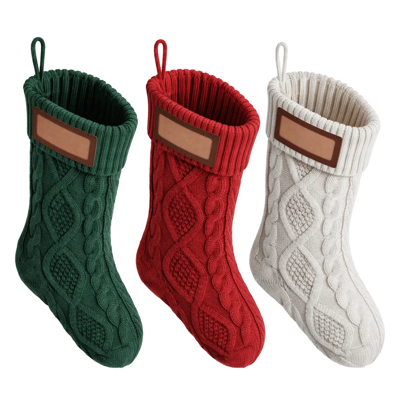 Jingle Jollys 3PCS Personalized Christmas Stockings with Leather Patches 16" Knitted Solid Colour Xmas Decor