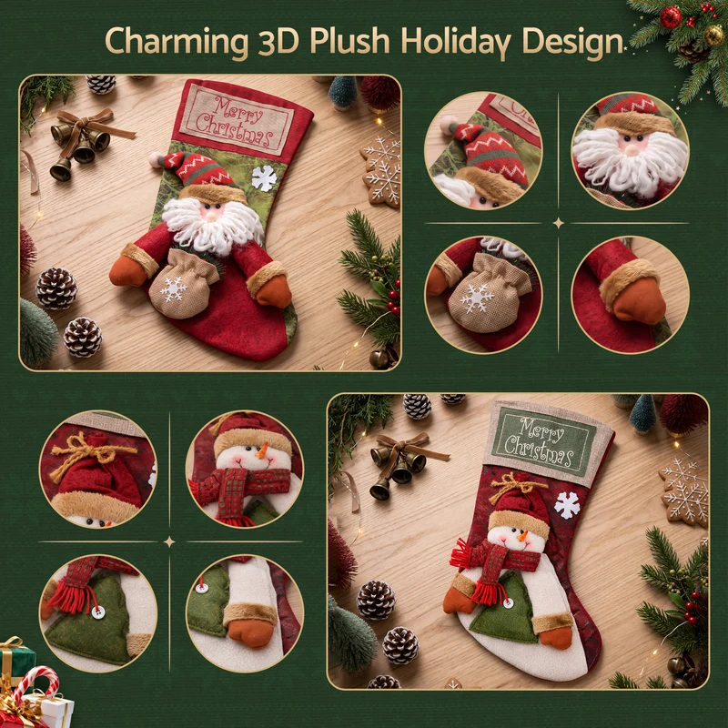 Jingle Jollys Christmas Stockings 2 Pack Large 3D Plush Santa Snowman 43.5cm Christmas Decor