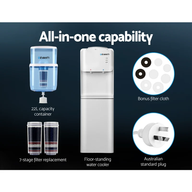 Devanti Water Cooler Dispenser Stand 22L Bottle White with 2 Filter