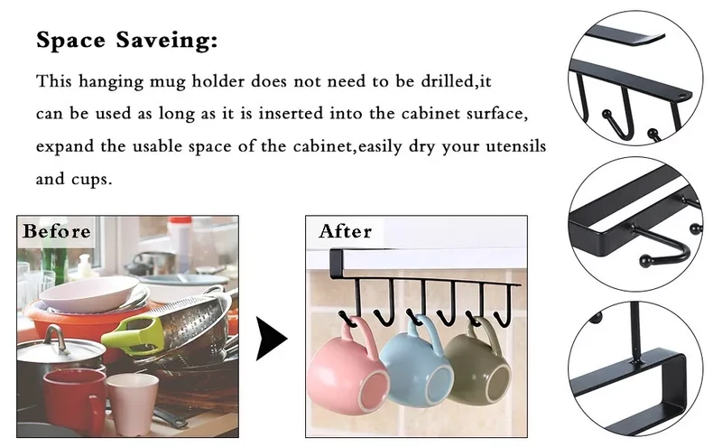 BOOC 6-Mug Utensil Under-Cabinet Kitchen Hooks (Black)