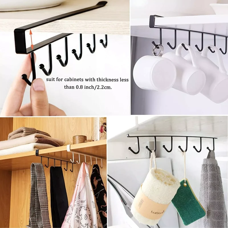 BOOC 6-Mug Utensil Under-Cabinet Kitchen Hooks (Black)