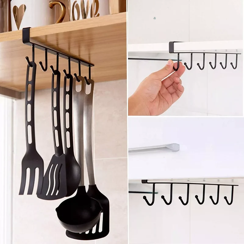 BOOC 6-Mug Utensil Under-Cabinet Kitchen Hooks (Black)