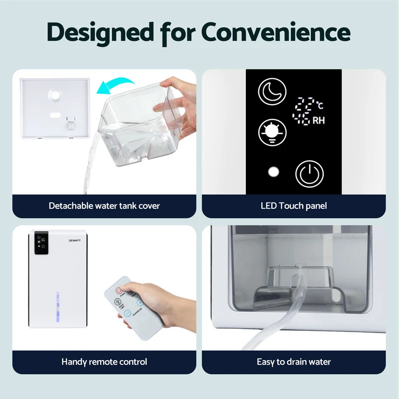 DEVANTI 2000ml Portable Dehumidifier Moisture Absorber Home Bedroom Quiet Remote