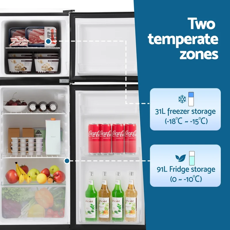 Devanti 122L Two Door Bar Fridge Mini Fridge with Freezer Black
