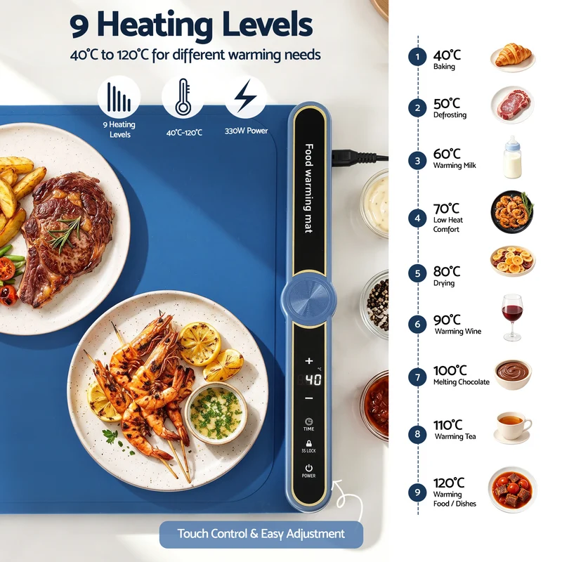 Devanti Food Warming Mat 60 x 38cm Electric Food Warmer With Timer (Blue)