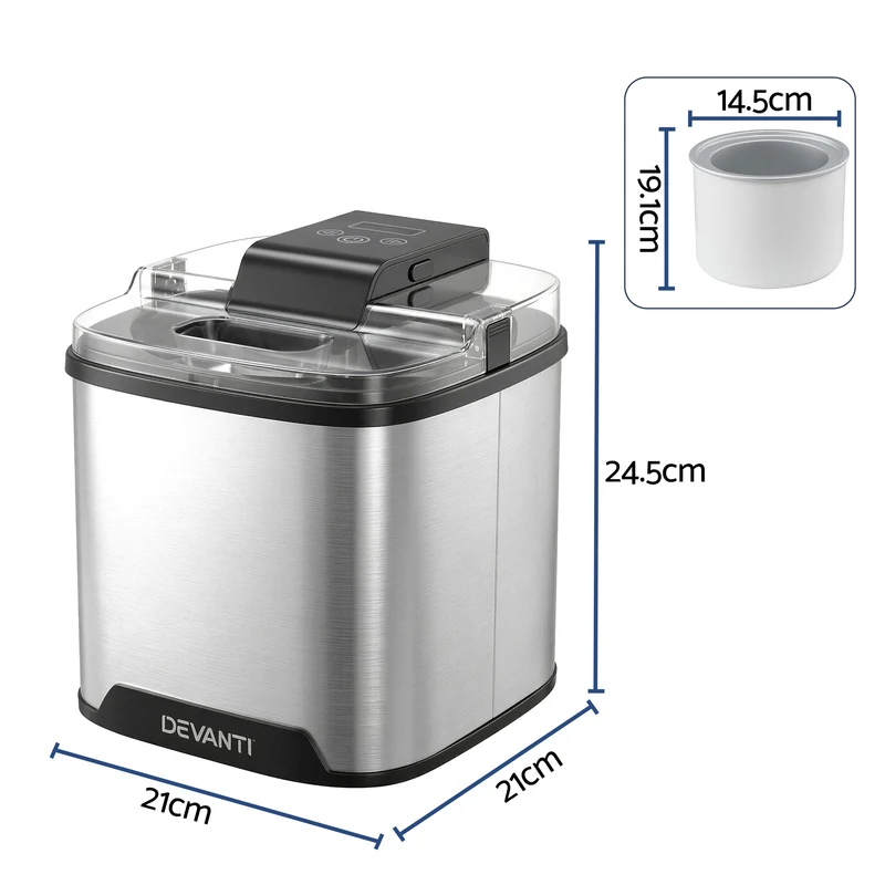 Devanti Ice Cream Maker Machine 2L Homemade Gelato Sorbet Sliver