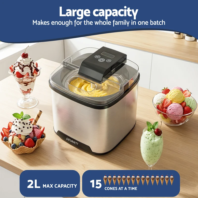 Devanti Ice Cream Maker Machine 2L Homemade Gelato Sorbet Sliver