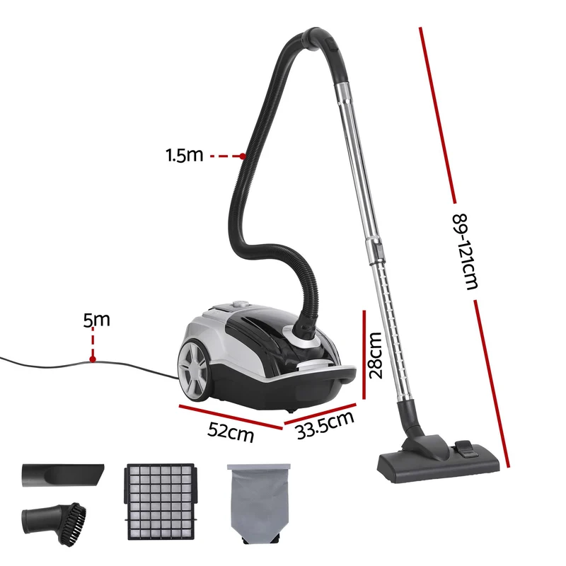 DEVANTI Bagged Vacuum Cleaner Powerful Suction for Carpet Wood Tile Floor (Black)