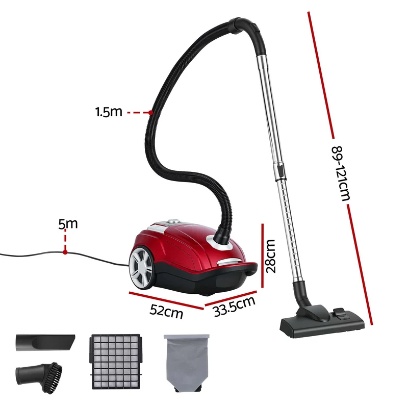 DEVANTI Bagged Vacuum Cleaner Powerful Suction for Carpet Wood Tile Floor (Red)