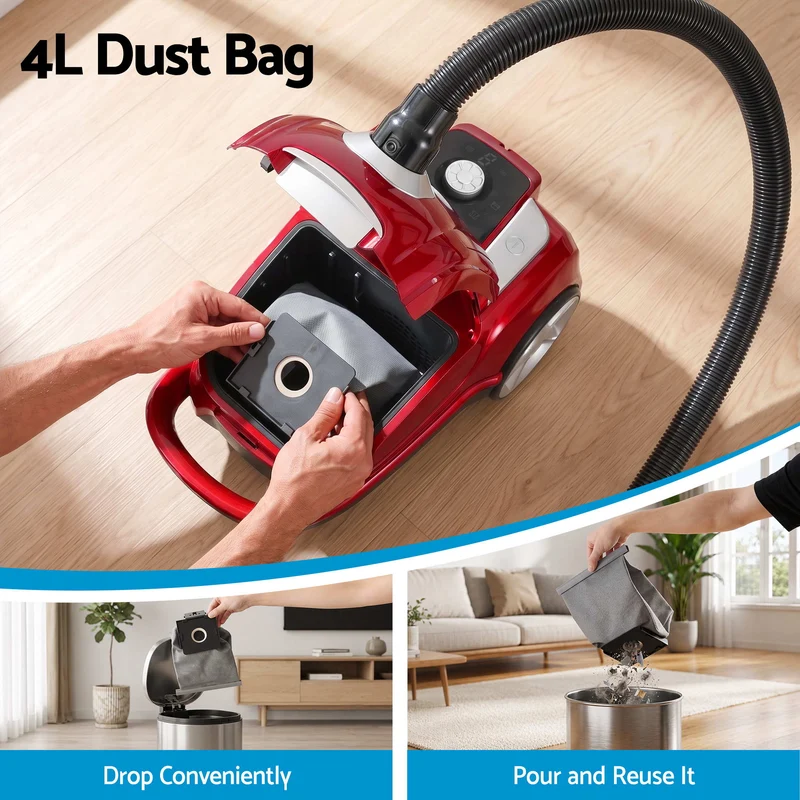 DEVANTI Bagged Vacuum Cleaner Powerful Suction for Carpet Wood Tile Floor (Red)