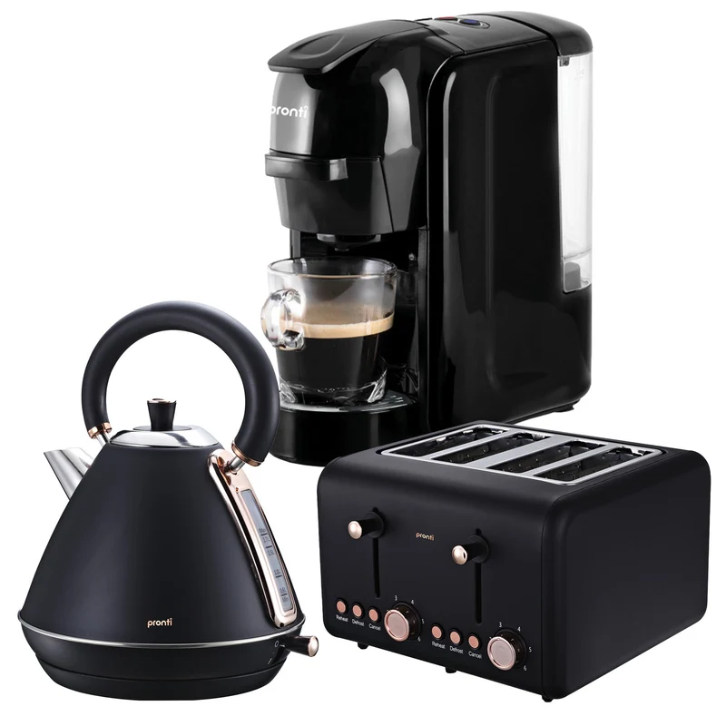Pronti 3-in-1 Breakfast Set Kettle, 4-Slice Toaster & Pronti HomeMaid Coffee Machine Combo (Black)