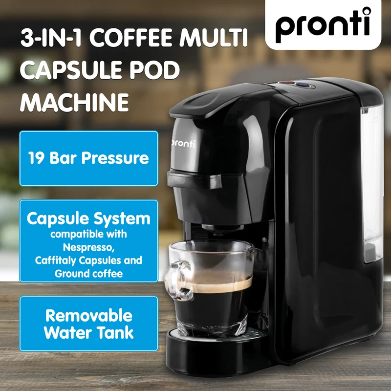 Pronti 3-in-1 Breakfast Set Kettle, 4-Slice Toaster & Pronti HomeMaid Coffee Machine Combo (Black)