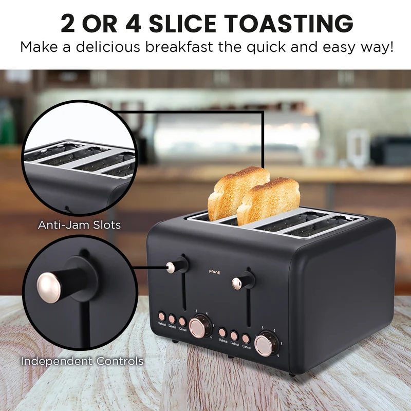 Pronti Rose Trim Collection Toaster & 1.7L Kettle Stainless Steel Bundle (Black)