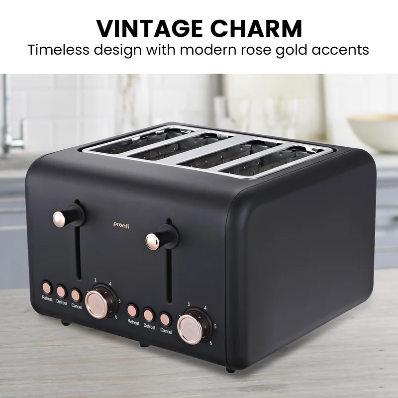 Pronti 4 Slice Stainless Steel Toaster Rose Trim Collection (Black)