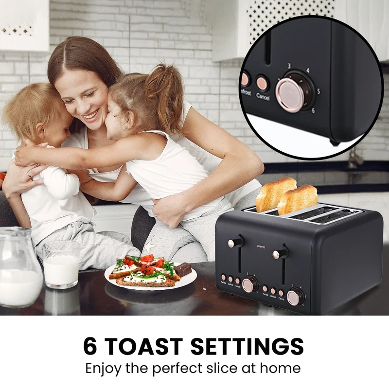 Pronti 4 Slice Stainless Steel Toaster Rose Trim Collection (Black)