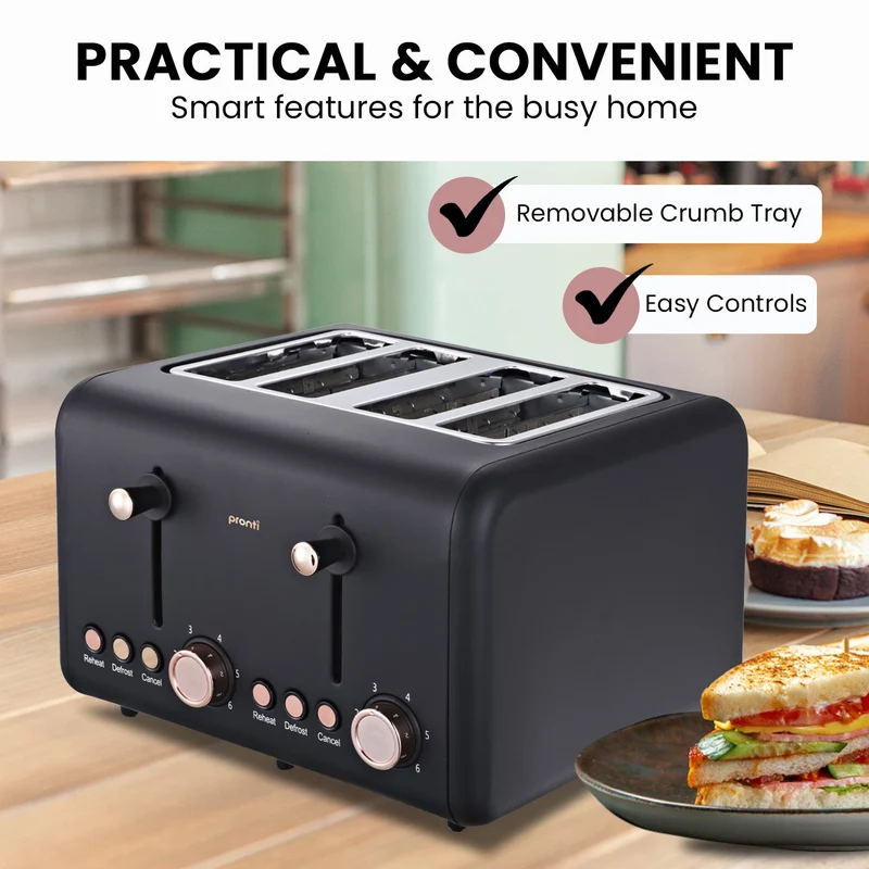 Pronti 4 Slice Stainless Steel Toaster Rose Trim Collection (Black)