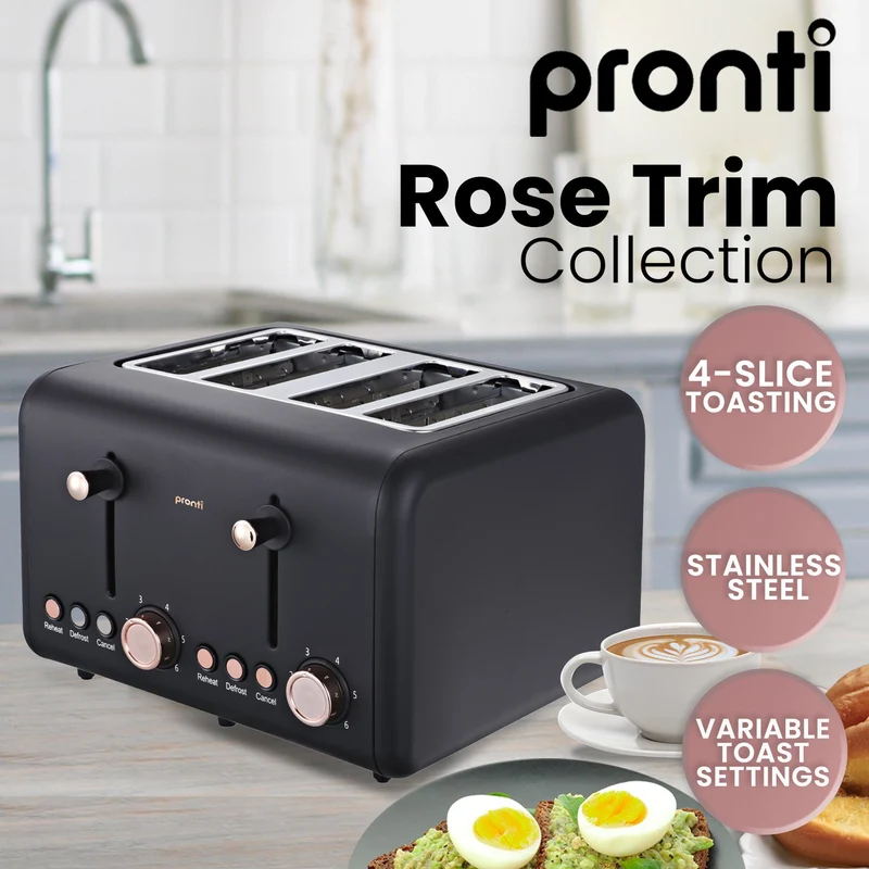 Pronti 4 Slice Stainless Steel Toaster Rose Trim Collection (Black)