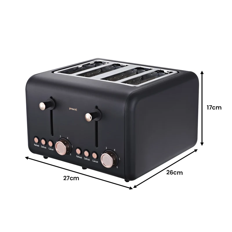Pronti 4 Slice Stainless Steel Toaster Rose Trim Collection (Black)