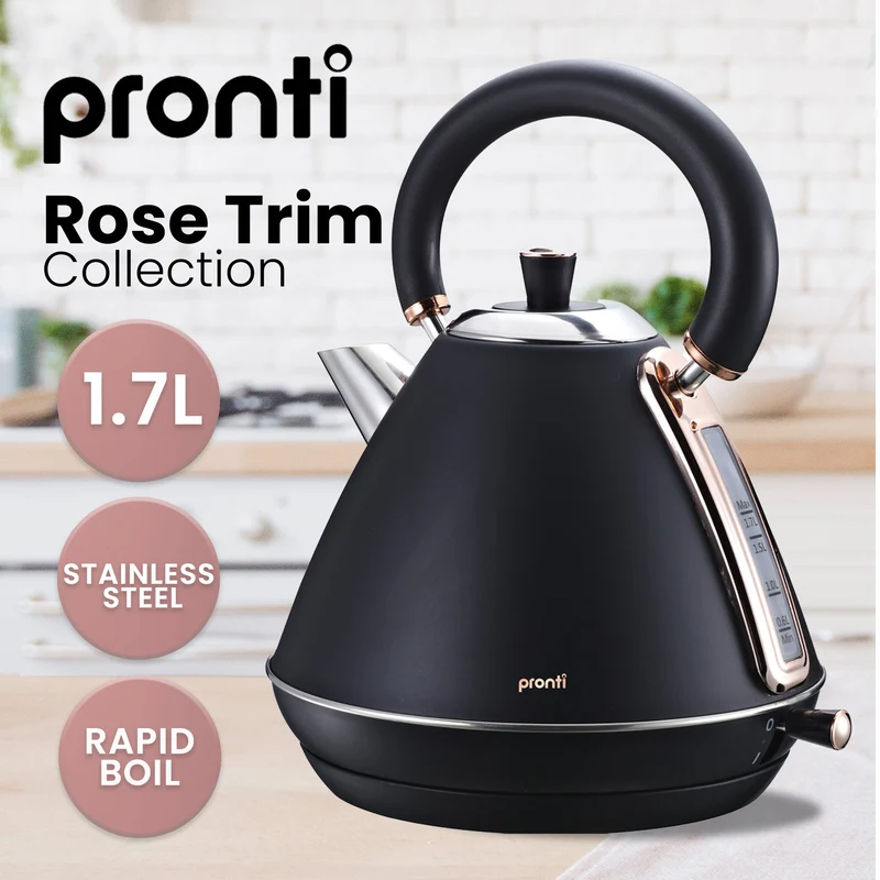 Pronti Breakfast Set with Rose Gold Kettle & Toaster with 1.2L Espresso Machine (Black)