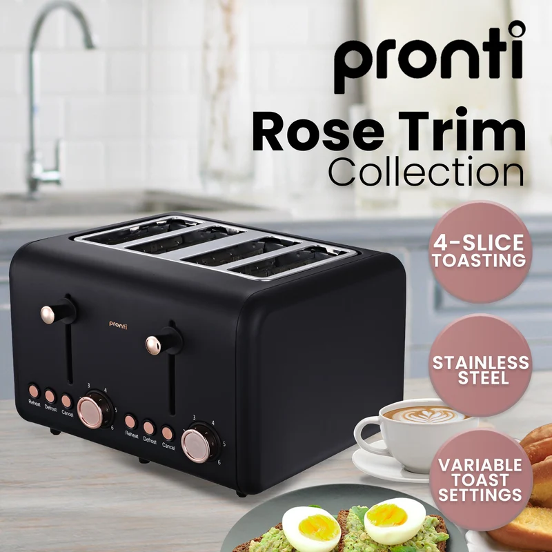 Pronti Breakfast Set with Rose Gold Kettle & Toaster with 1.2L Espresso Machine (Black)
