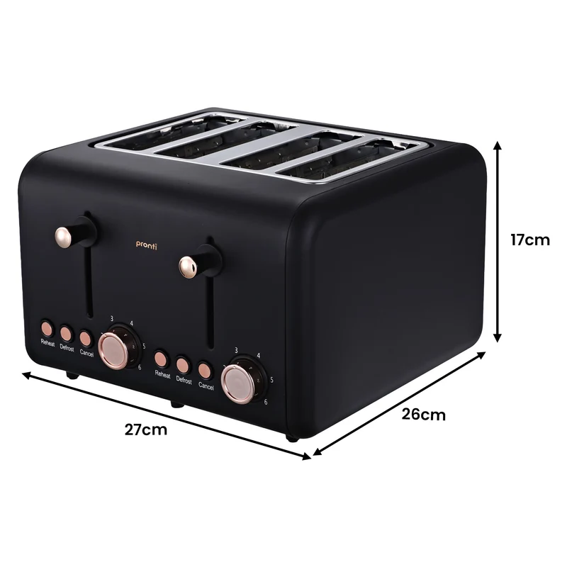 Pronti Breakfast Set with Rose Gold Kettle & Toaster with 1.2L Espresso Machine (Black)
