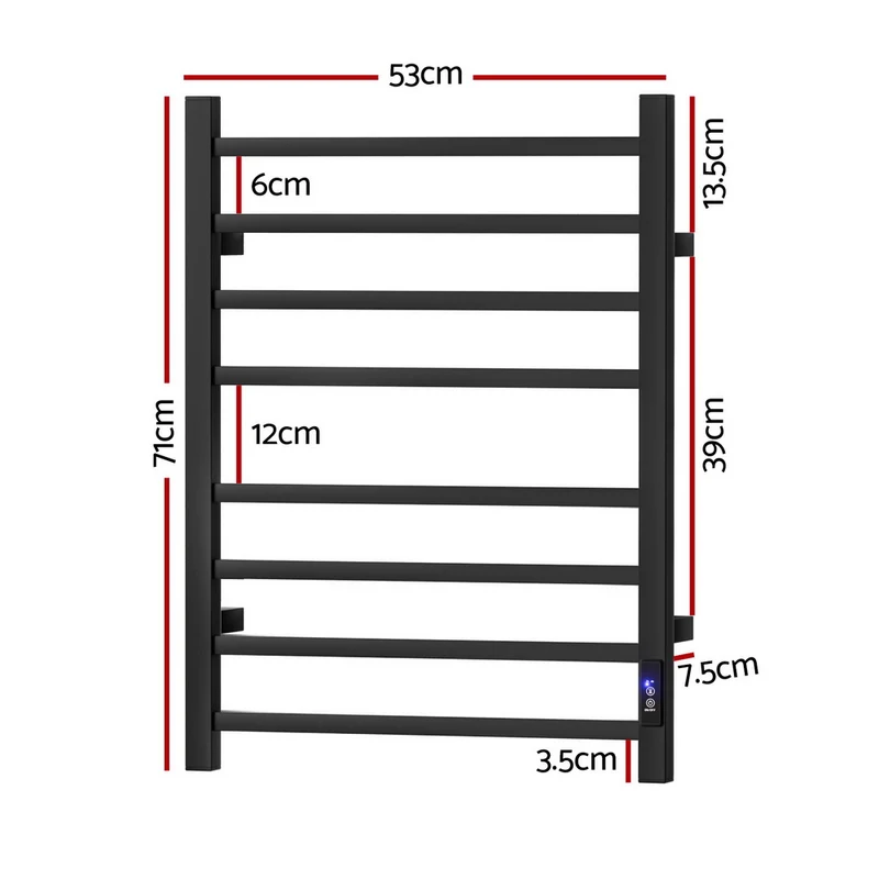 Devanti Heated Towel Rail 8 Square Bars with Timer Electric Heater Warmer Rack