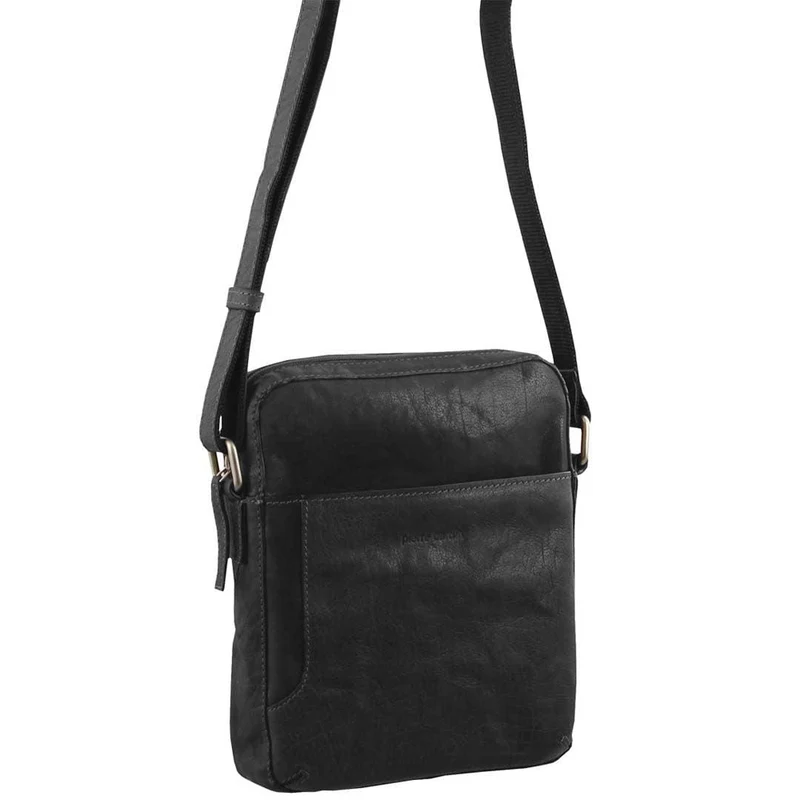 Pierre Cardin Unisex Rustic Leather Shoulder Crossbody/Tablet Bag 23cm Black