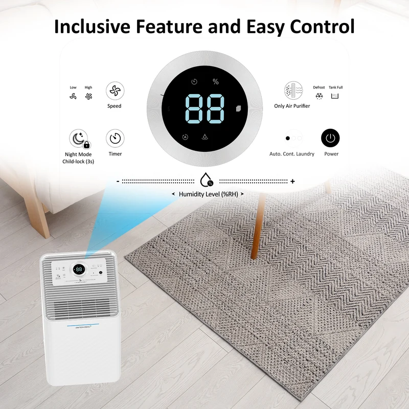 AROVEC 2-in-1 Smart Dehumidifier & Air Purifier – 16L/Day, 2.5L Tank, 50m² Coverage