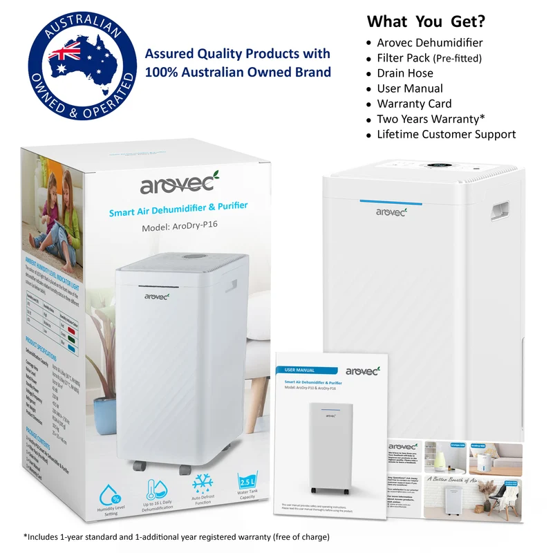 AROVEC 2-in-1 Smart Dehumidifier & Air Purifier – 16L/Day, 2.5L Tank, 50m² Coverage