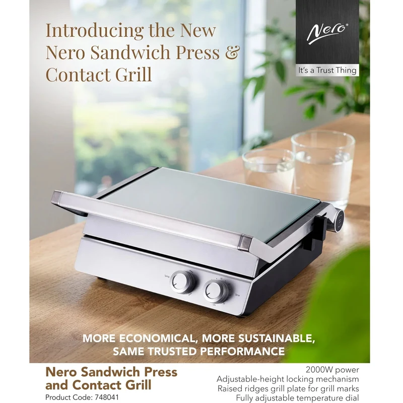 Nero Deluxe Sandwich Press Toaster Contact Grill 4 Slice Grooves with Timer