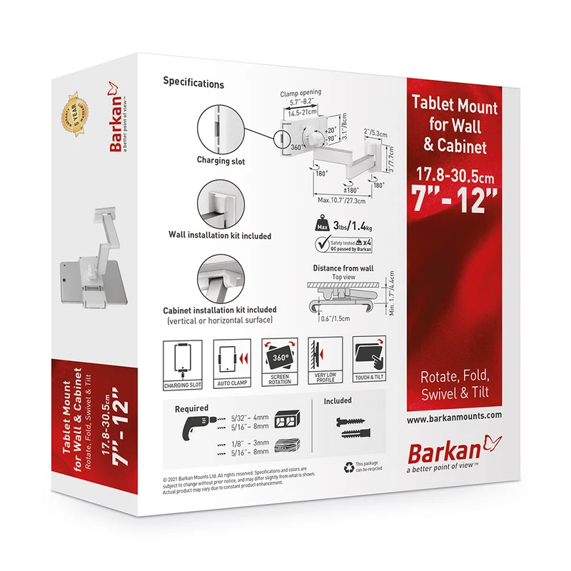 Barkan T54 7-12inch Tablet Mount for Wall and Cabinet Full Motion