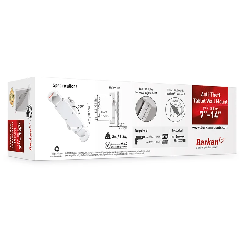 Barkan 7–14" Lockable Anti-Theft Tablet Wall Mount with 360° Rotation