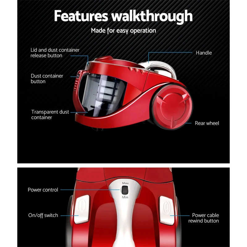 Devanti 2200W Multi-cyclonic Bagless Vacuum Cleaner Pet Hair (Red)
