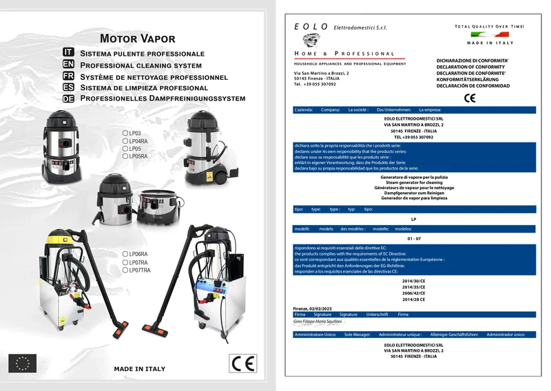 EOLO Aspirapolvere LP07 T RA Professionale Multifunzione con Generatore di Vapore Pulizia Sanificazione Disinfestazione Interni Esterni Edifici Made in Italy Garanzia 5 Anni Efficienza A++